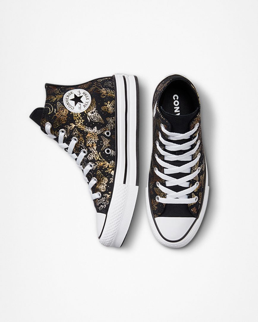 Sapatos Plataforma Converse Chuck Taylor All Star EVA Lift Butterfly Shine Cano Alto Menina Pretas Douradas Branco | PT M07P935